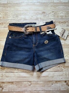 Dollhouse Dark Blue Rolled Cuff Denim Shorts with Tan Studded Belt